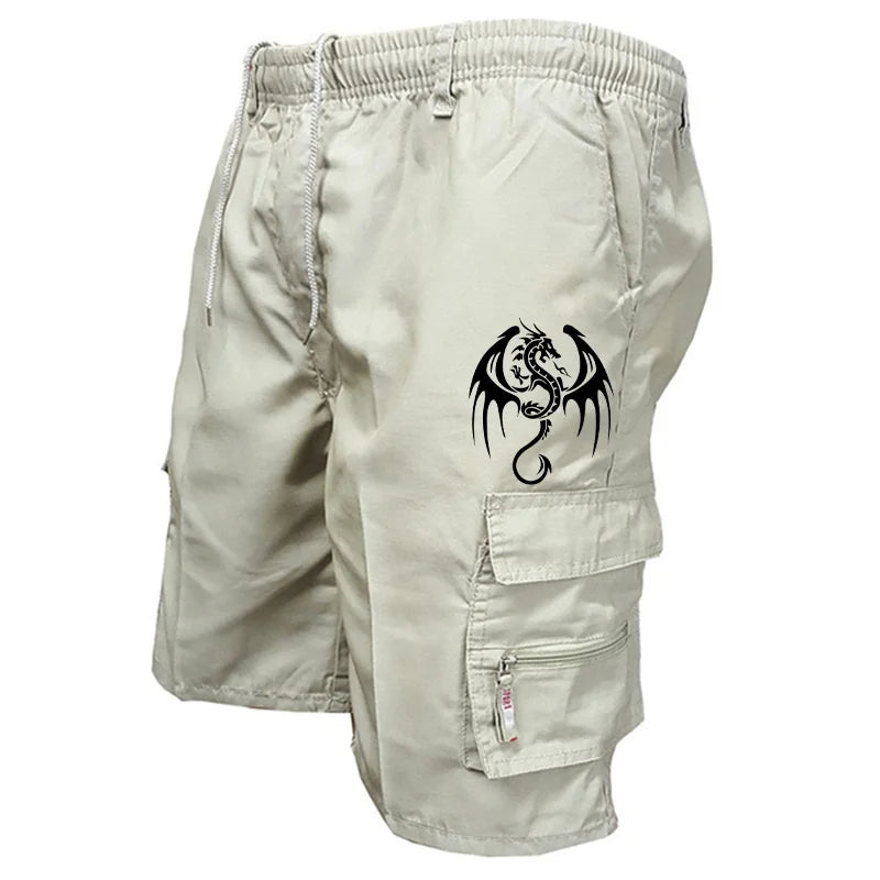 Summer Men's Casual Shorts Men's Loose Multi-Pocket Beach Casual Shorts Funny Western Dragon Printed Work Shorts