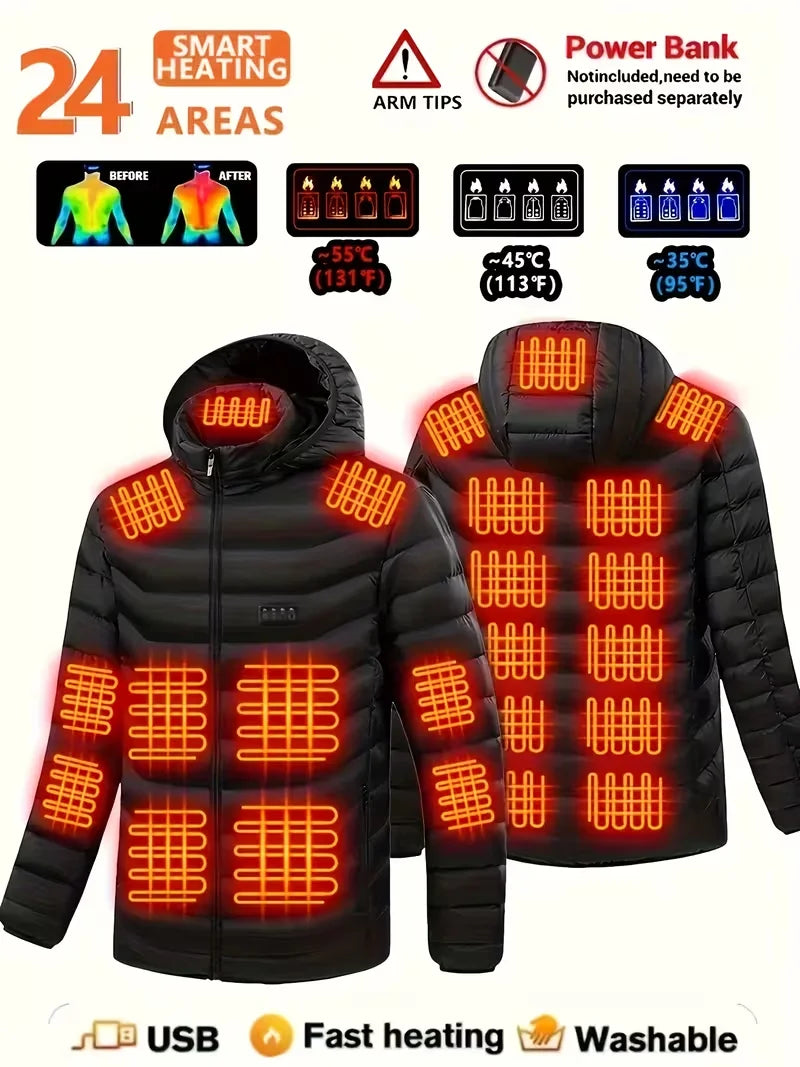 Men's Heated Jacket, Winter Windproof and Warm Smart Heating Coat, 3-Level Adjustable Temperature Heated Cotton Jacket, Four Control Switches, 36 Heating Zones, Designed for the Wet and Cold Winter Climate in Europe, Suitable