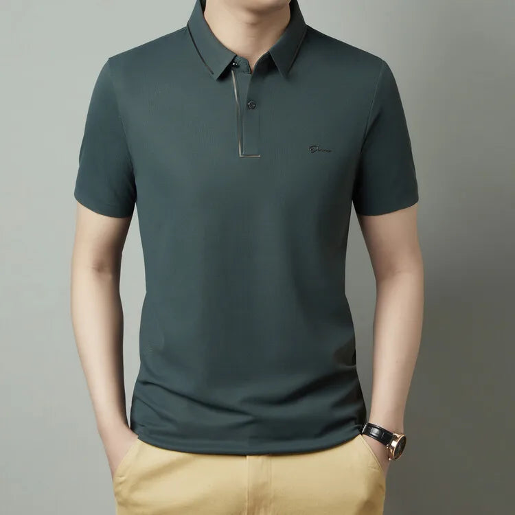 Polo para hombre, nuevo, de tela fresca de lujo premium sin costuras, estilo casual de negocios/golf, corte ajustado, cuello tipo blusa.