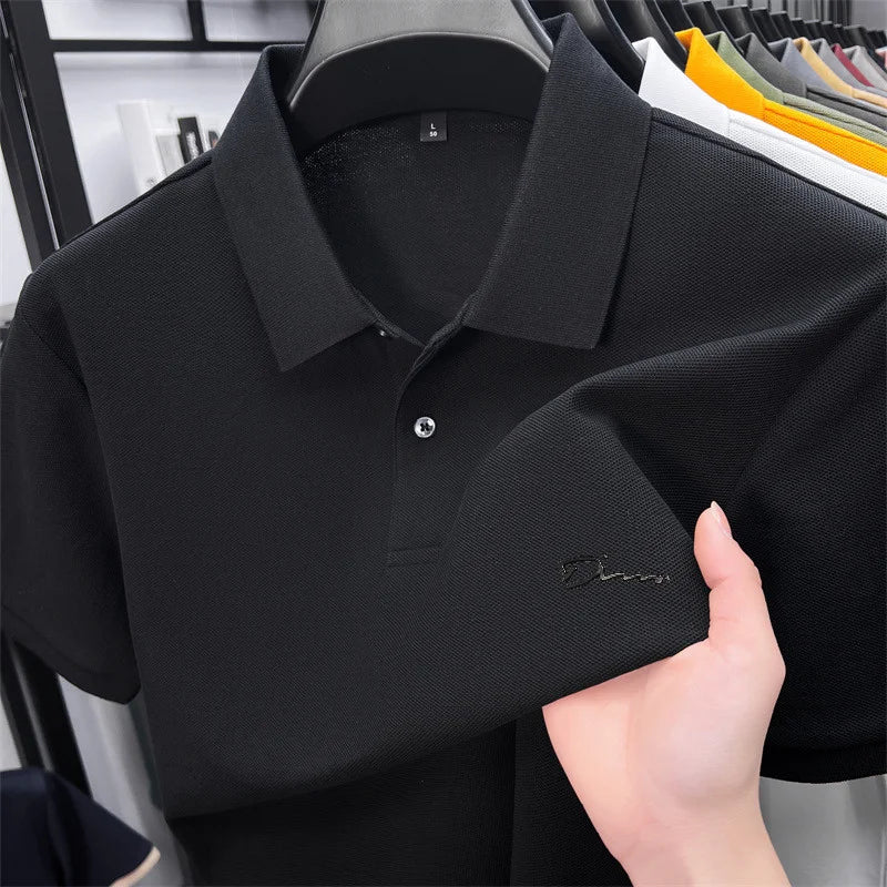Men's Summer High-End Printed Golf Polo Shirt with Collar, Solid Color, Breathable, Office Casual, High-Quality Men's Clothing