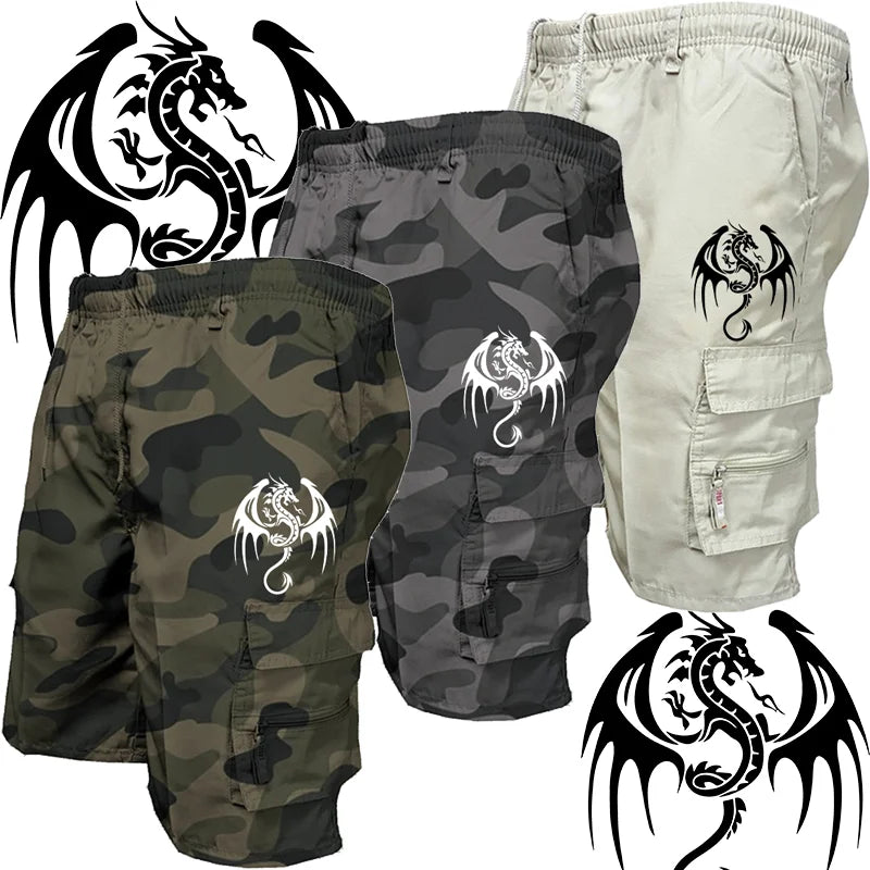 Summer Men's Casual Shorts Men's Loose Multi-Pocket Beach Casual Shorts Funny Western Dragon Printed Work Shorts