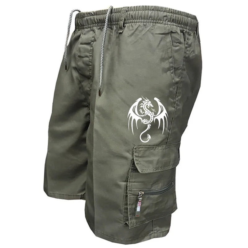 Summer Men's Casual Shorts Men's Loose Multi-Pocket Beach Casual Shorts Funny Western Dragon Printed Work Shorts