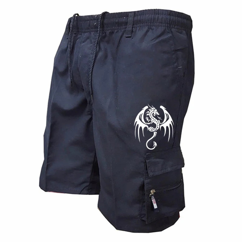 Summer Men's Casual Shorts Men's Loose Multi-Pocket Beach Casual Shorts Funny Western Dragon Printed Work Shorts