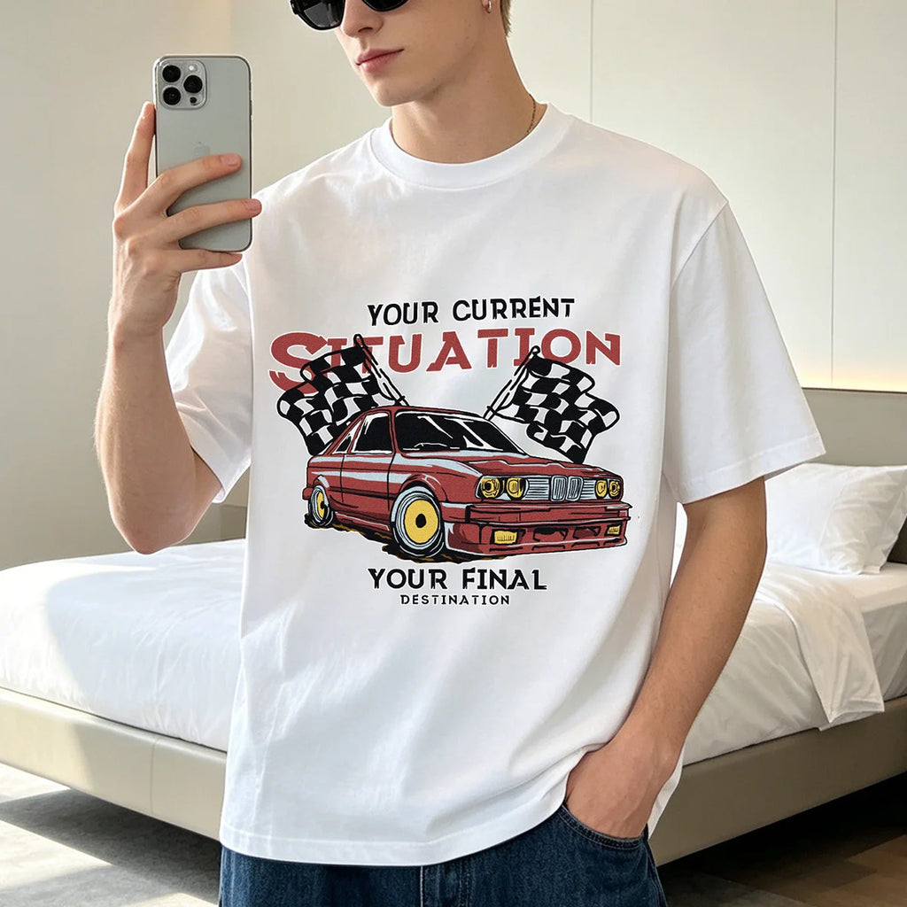 Camiseta gráfica para hombre, 100% algodón, cuello redondo, transpirable, de manga corta, resistente a la decoloración y a la formación de bolitas.