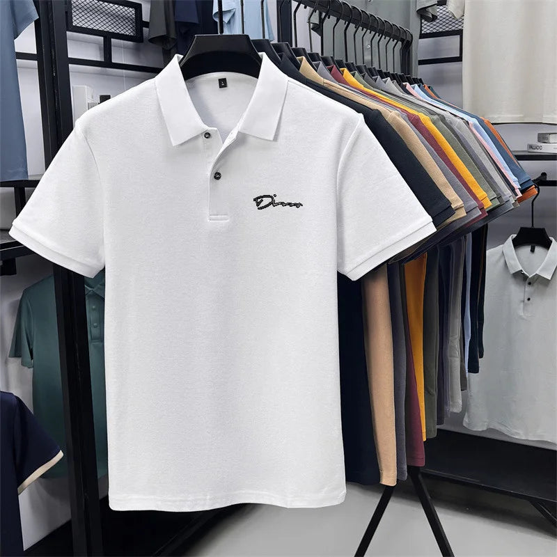 Men's Summer High-End Printed Golf Polo Shirt with Collar, Solid Color, Breathable, Office Casual, High-Quality Men's Clothing