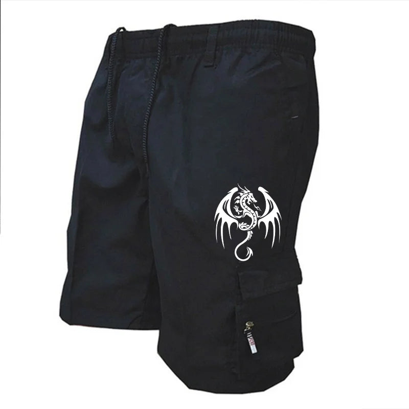 Summer Men's Casual Shorts Men's Loose Multi-Pocket Beach Casual Shorts Funny Western Dragon Printed Work Shorts