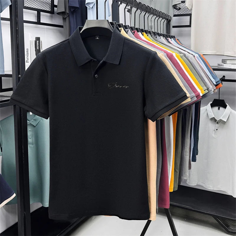 Men's Summer High-End Printed Golf Polo Shirt with Collar, Solid Color, Breathable, Office Casual, High-Quality Men's Clothing