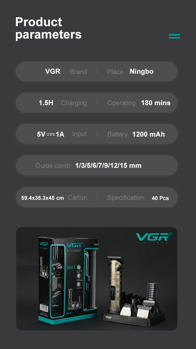 VGR6 all-in-one hair cutting machine, armpit hair, nose hair treatment, full body shaving machine, electric push shear V-109 - Imagen 14
