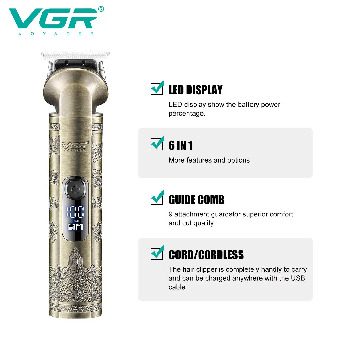 VGR6 all-in-one hair cutting machine, armpit hair, nose hair treatment, full body shaving machine, electric push shear V-109 - Imagen 6