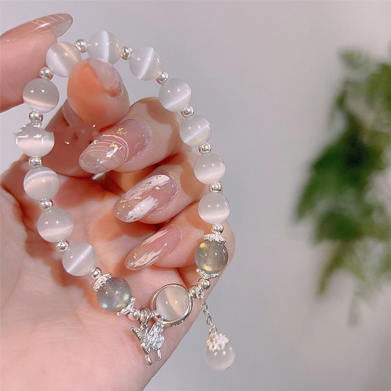 Korean Fashion Imitation Opal Bracelet Simple Ins Moonstone Crystal Bead Butterfly Pendant Bracelet Jewelry Gifts - Imagen 3