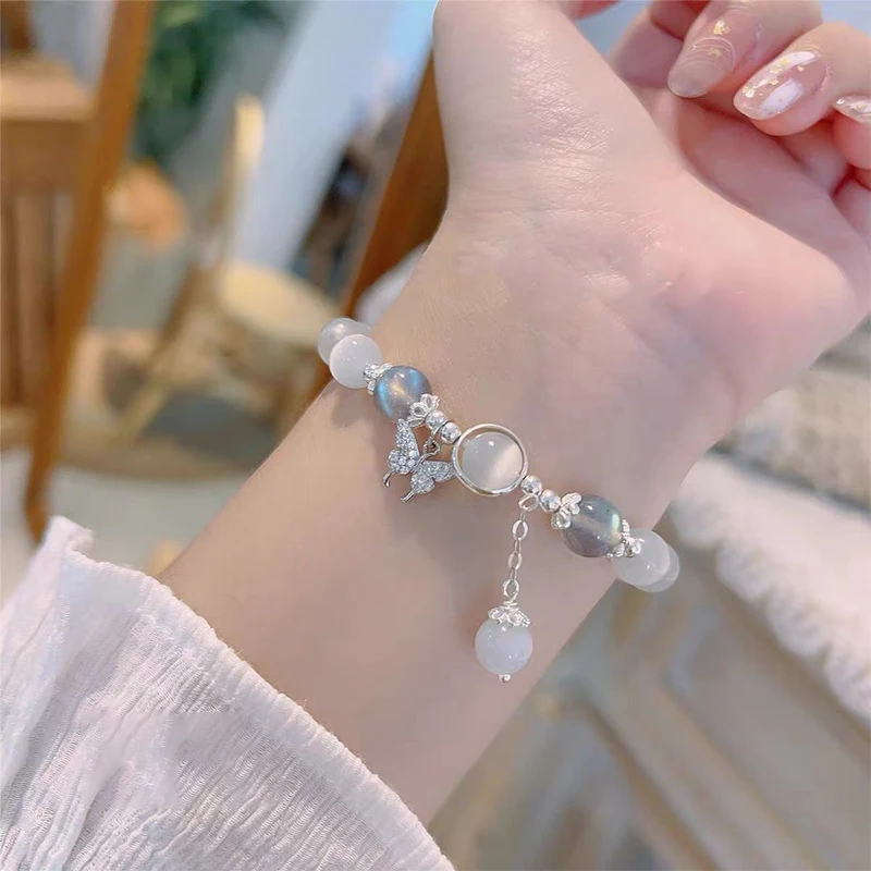 Korean Fashion Imitation Opal Bracelet Simple Ins Moonstone Crystal Bead Butterfly Pendant Bracelet Jewelry Gifts - Imagen 2