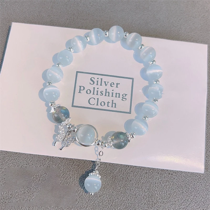 Korean Fashion Imitation Opal Bracelet Simple Ins Moonstone Crystal Bead Butterfly Pendant Bracelet Jewelry Gifts - Imagen 4