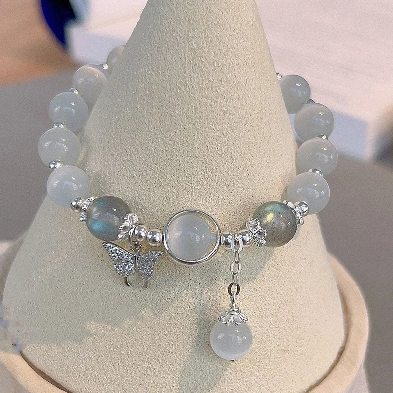Korean Fashion Imitation Opal Bracelet Simple Ins Moonstone Crystal Bead Butterfly Pendant Bracelet Jewelry Gifts - Imagen 6