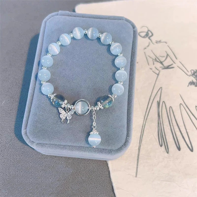 Korean Fashion Imitation Opal Bracelet Simple Ins Moonstone Crystal Bead Butterfly Pendant Bracelet Jewelry Gifts - Imagen 5